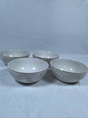 LOT OF 4 Thomson Pottery HAMPTON Bowls 6.25” Embossed Sea Shells Stoneware